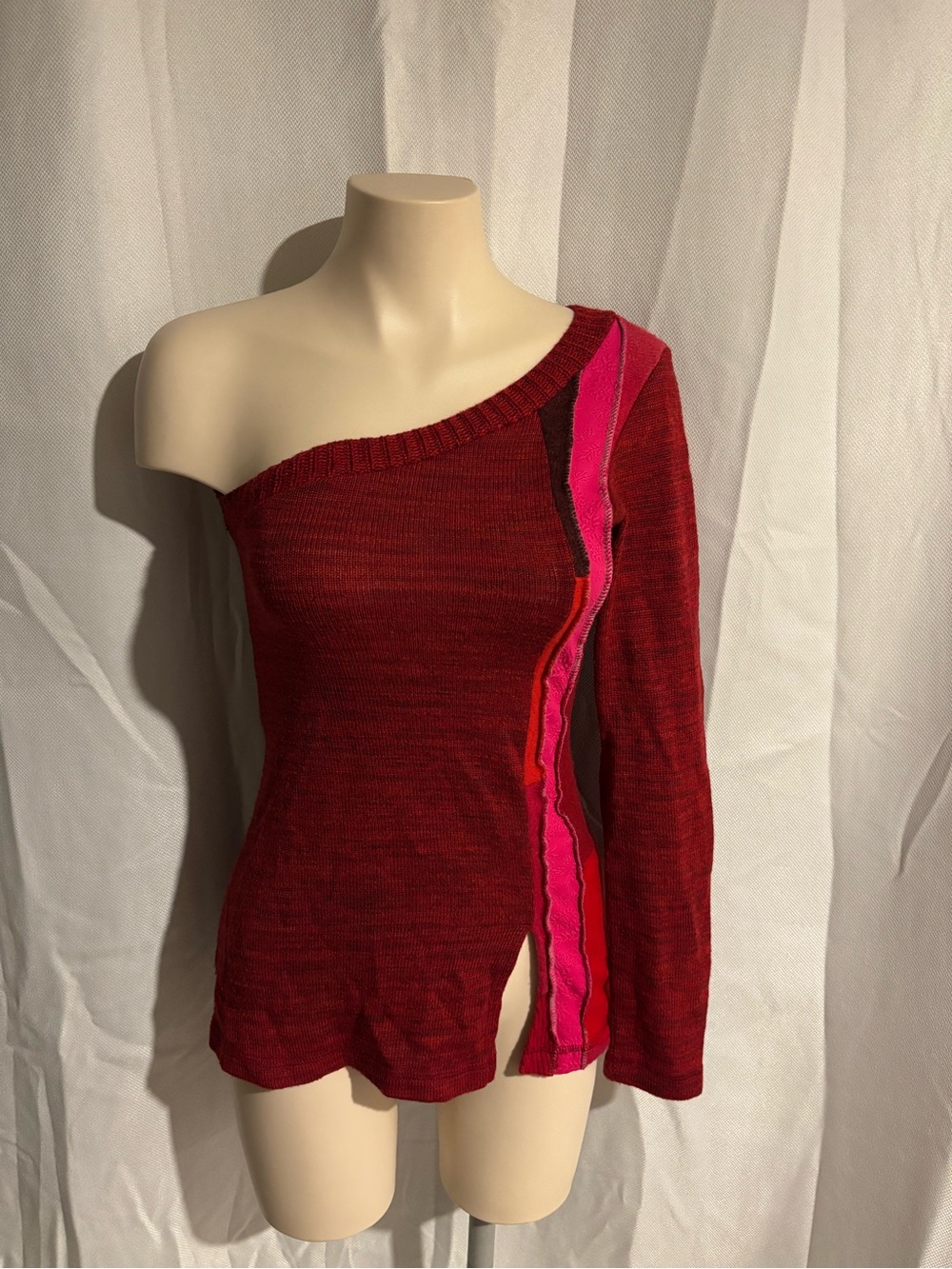 Off-Shoulder Red Sweater with Pink Stripe Accent